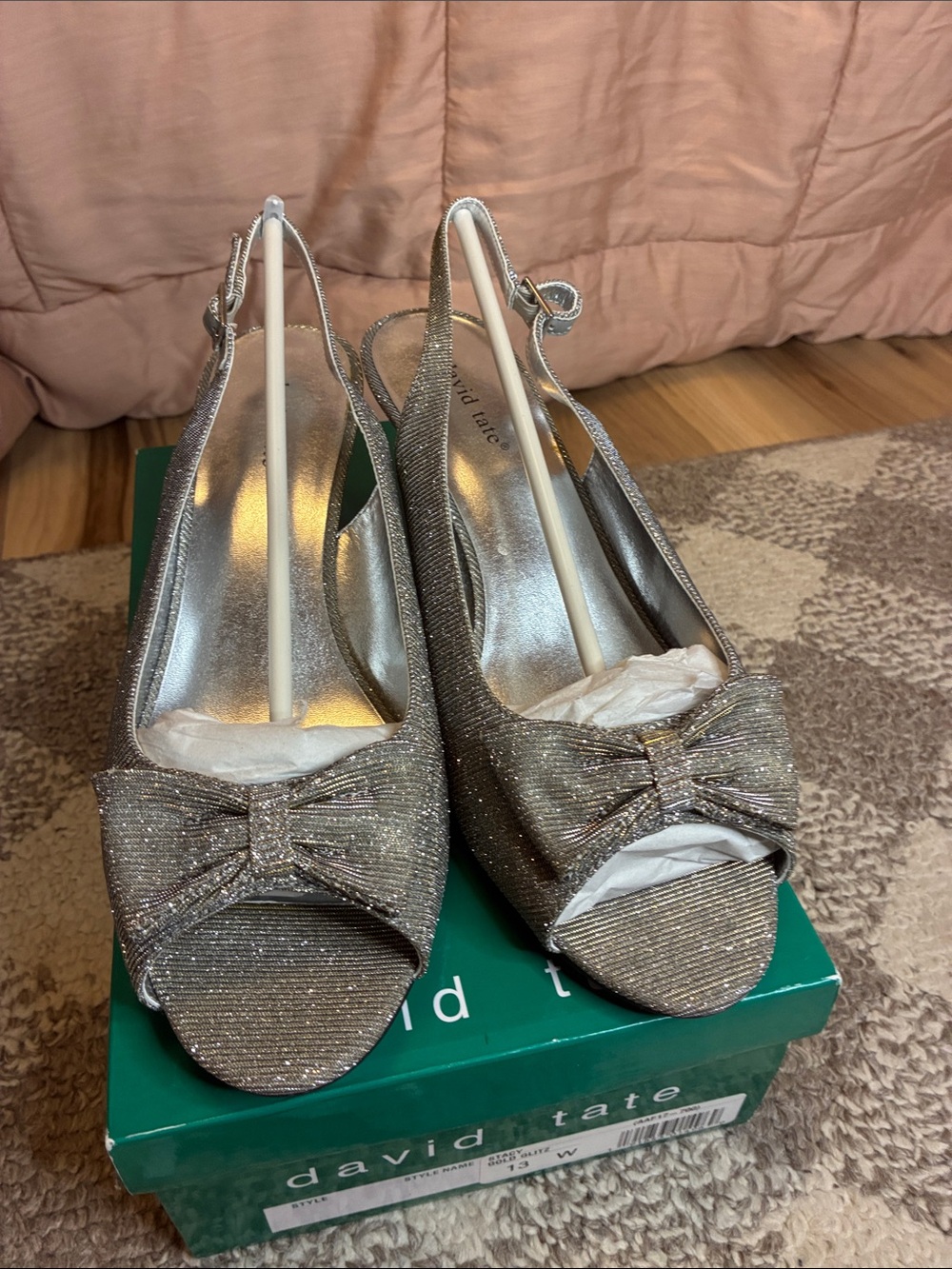 David Tate Gold Glitter Peep-Toe Slingback Heels with Bow (Wide Width)
